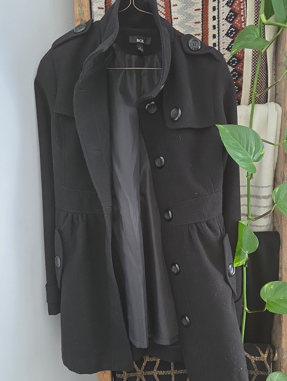 BCX Black Button-Front Trench Coat with Epaulets
